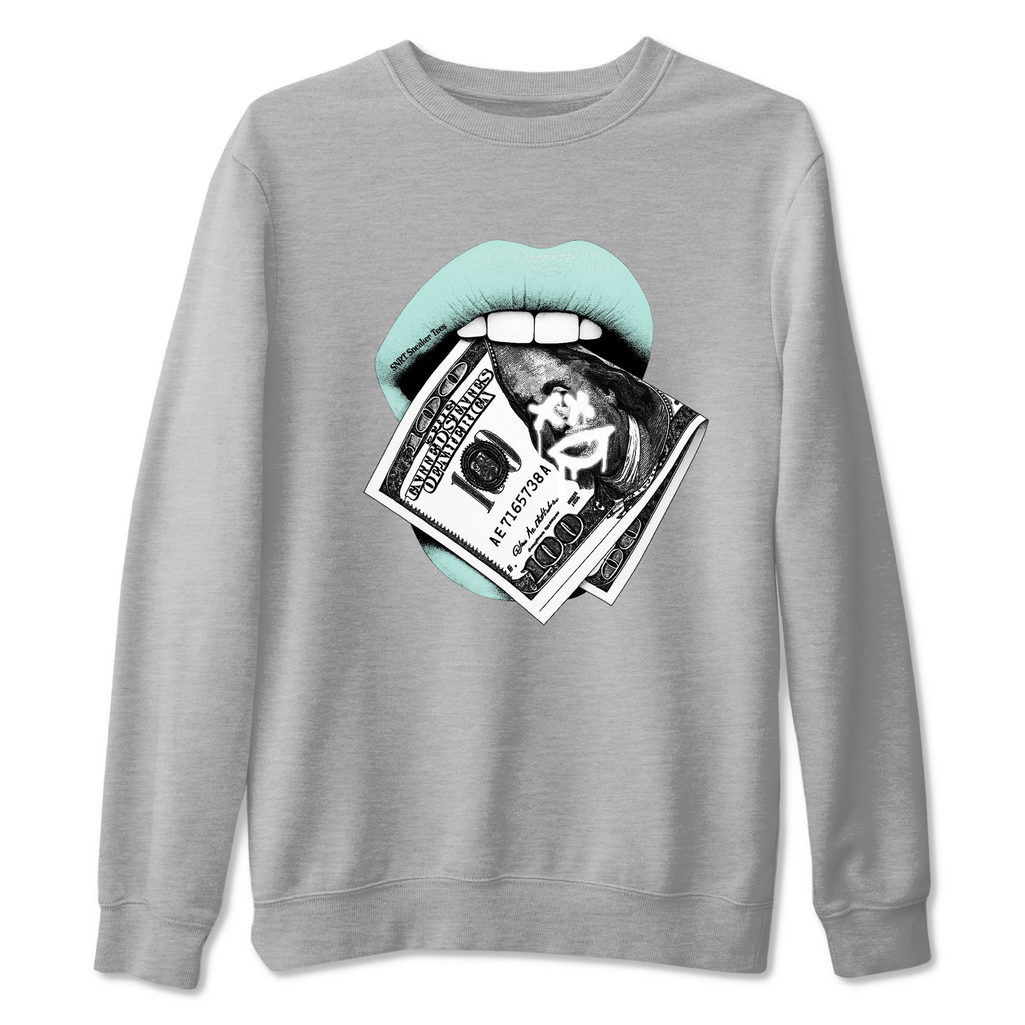 Lips Money sneaker match t-shirt styled to complete your fit with the Air Jordan 11 Igloo sneakers, shown in Heather Grey 2.