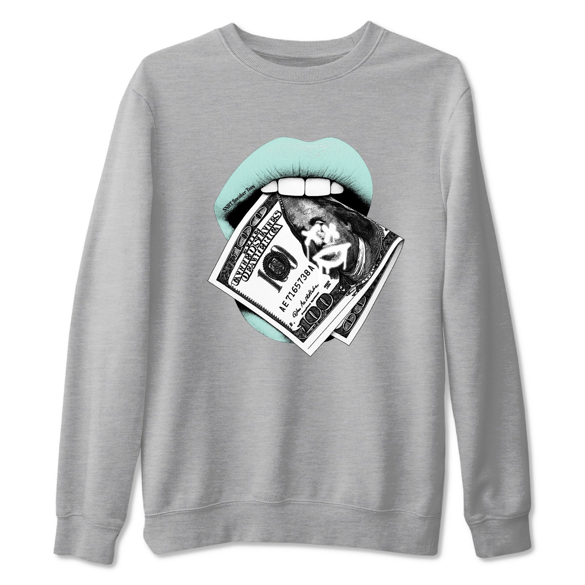 Lips Money sneaker match t-shirt styled to complete your fit with the Air Jordan 11 Igloo sneakers, shown in Heather Grey 2.