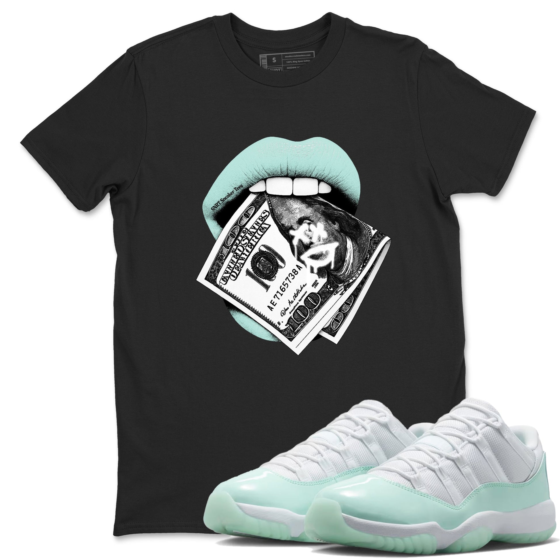 Lips Money sneaker match t-shirt styled to complete your fit with the Air Jordan 11 Igloo sneakers, shown in Black 1.