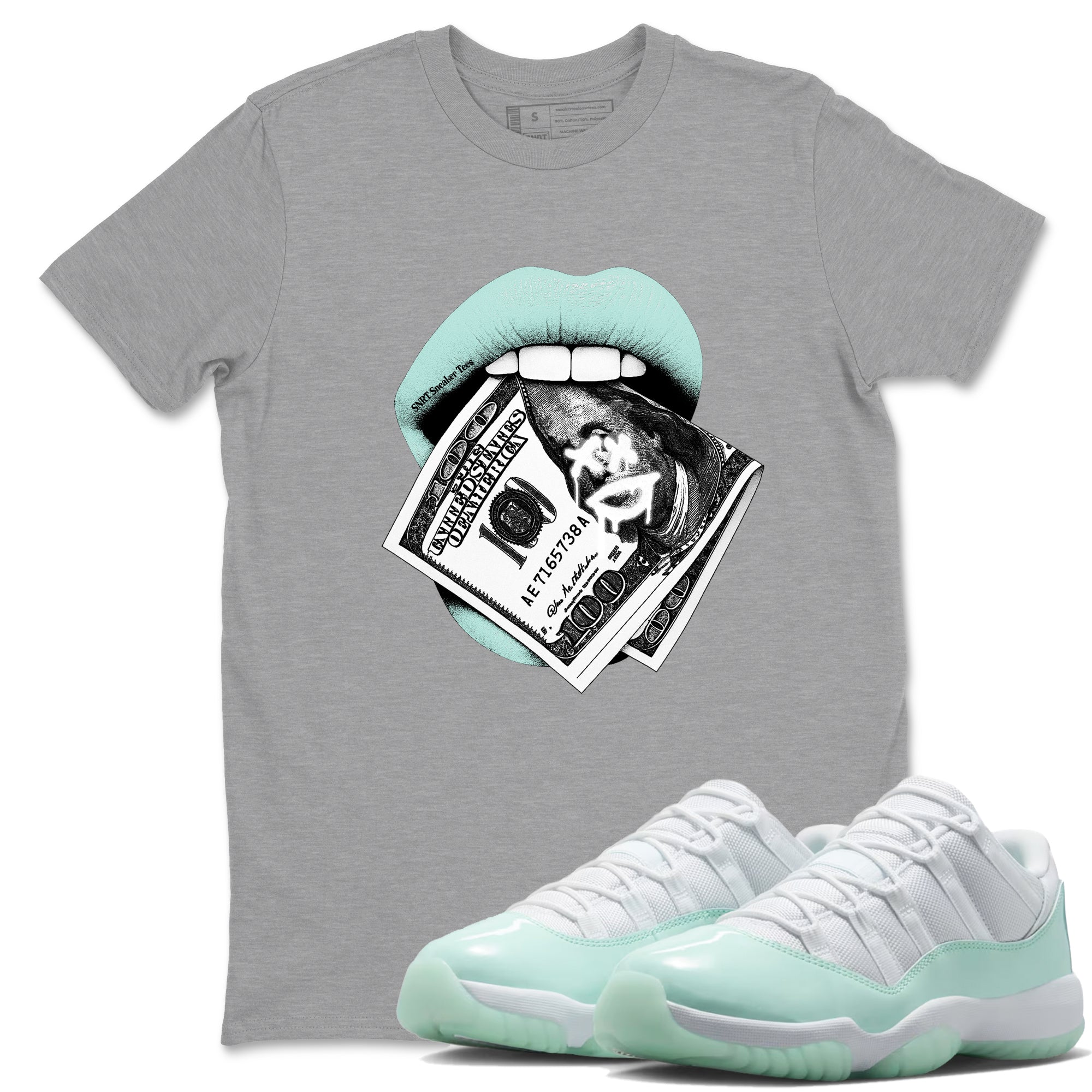 Lips Money sneaker match t-shirt styled to complete your fit with the Air Jordan 11 Igloo sneakers, shown in Heather Grey 1.