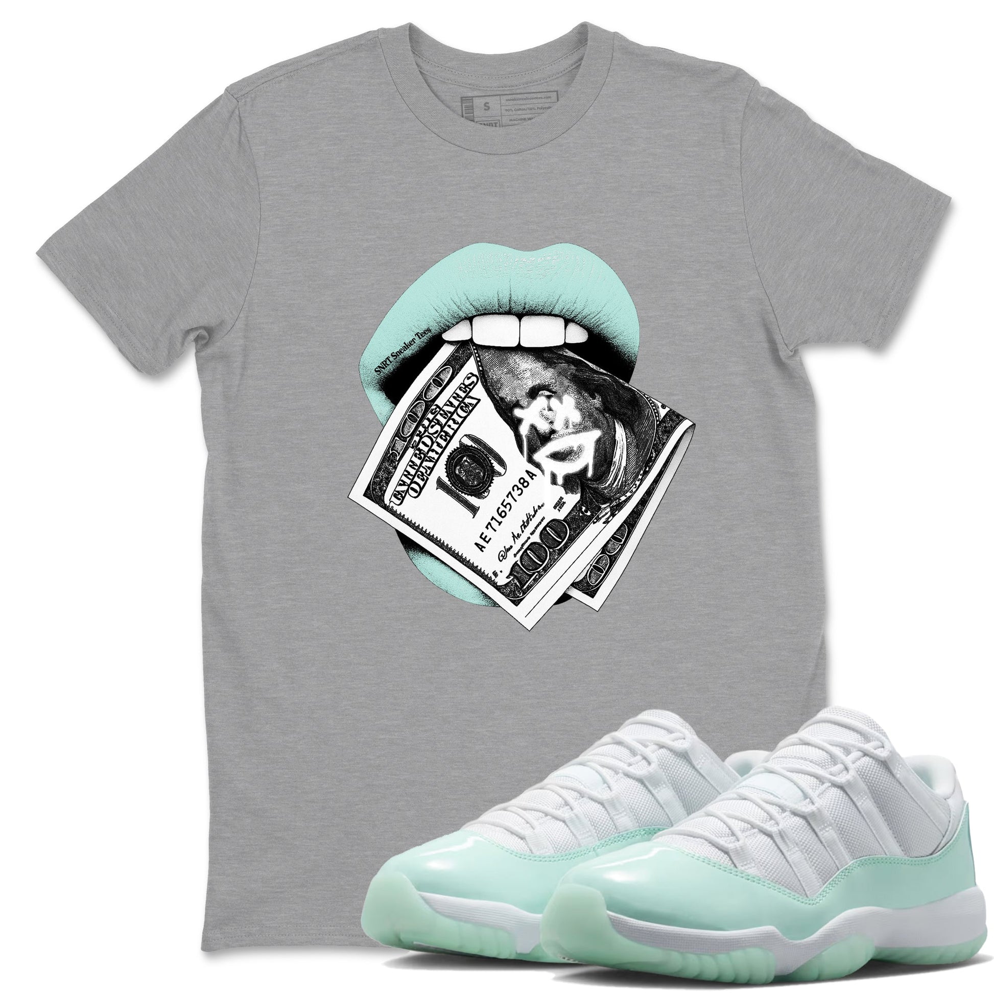 Lips Money sneaker match t-shirt styled to complete your fit with the Air Jordan 11 Igloo sneakers, shown in Heather Grey 1.