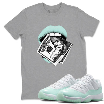 Lips Money sneaker match t-shirt styled to complete your fit with the Air Jordan 11 Igloo sneakers, shown in Heather Grey 1.