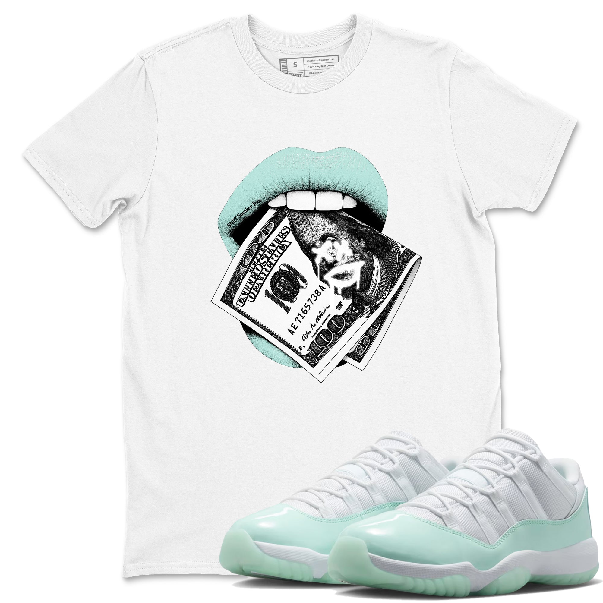 Lips Money sneaker match t-shirt styled to complete your fit with the Air Jordan 11 Igloo sneakers, shown in White 1.