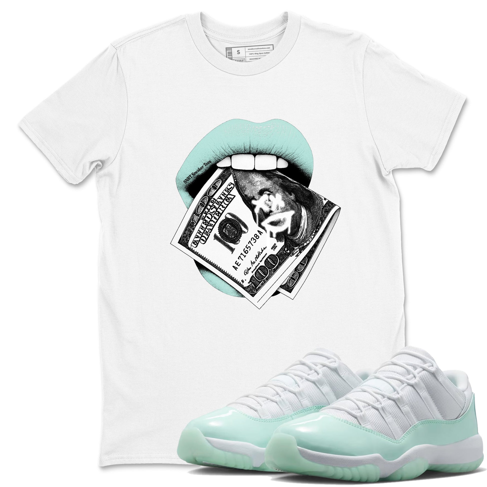 Lips Money sneaker match t-shirt styled to complete your fit with the Air Jordan 11 Igloo sneakers, shown in White 1.