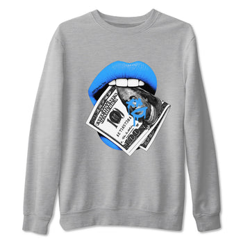 Lips Money sneaker match t-shirt styled to complete your fit with the Air Jordan 12 White and University Blue sneakers, shown in Heather Grey 2.