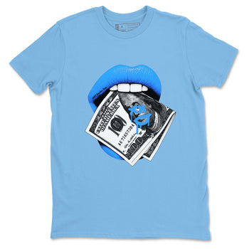 Lips Money sneaker match t-shirt styled to complete your fit with the Air Jordan 12 White and University Blue sneakers, shown in Carolina Blue 2.