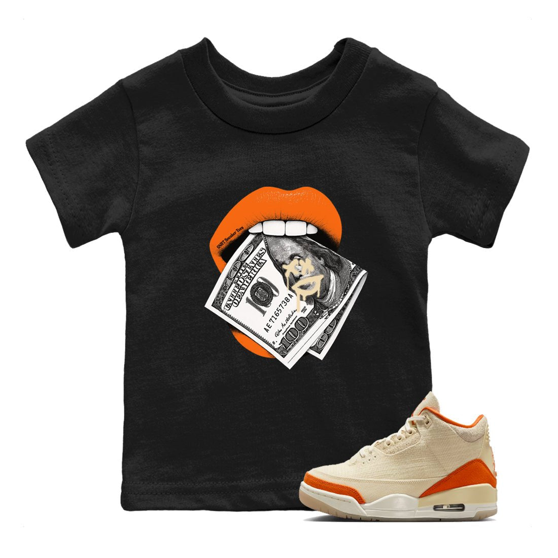 Lips Money baby and kids t-shirt crafted for little sneakerheads to shine with the Air Jordan 3 Starfish sneakers, displayed in Black 1.