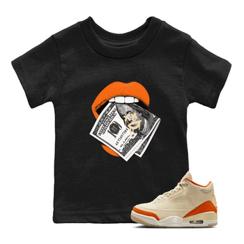 Lips Money baby and kids t-shirt crafted for little sneakerheads to shine with the Air Jordan 3 Starfish sneakers, displayed in Black 1.