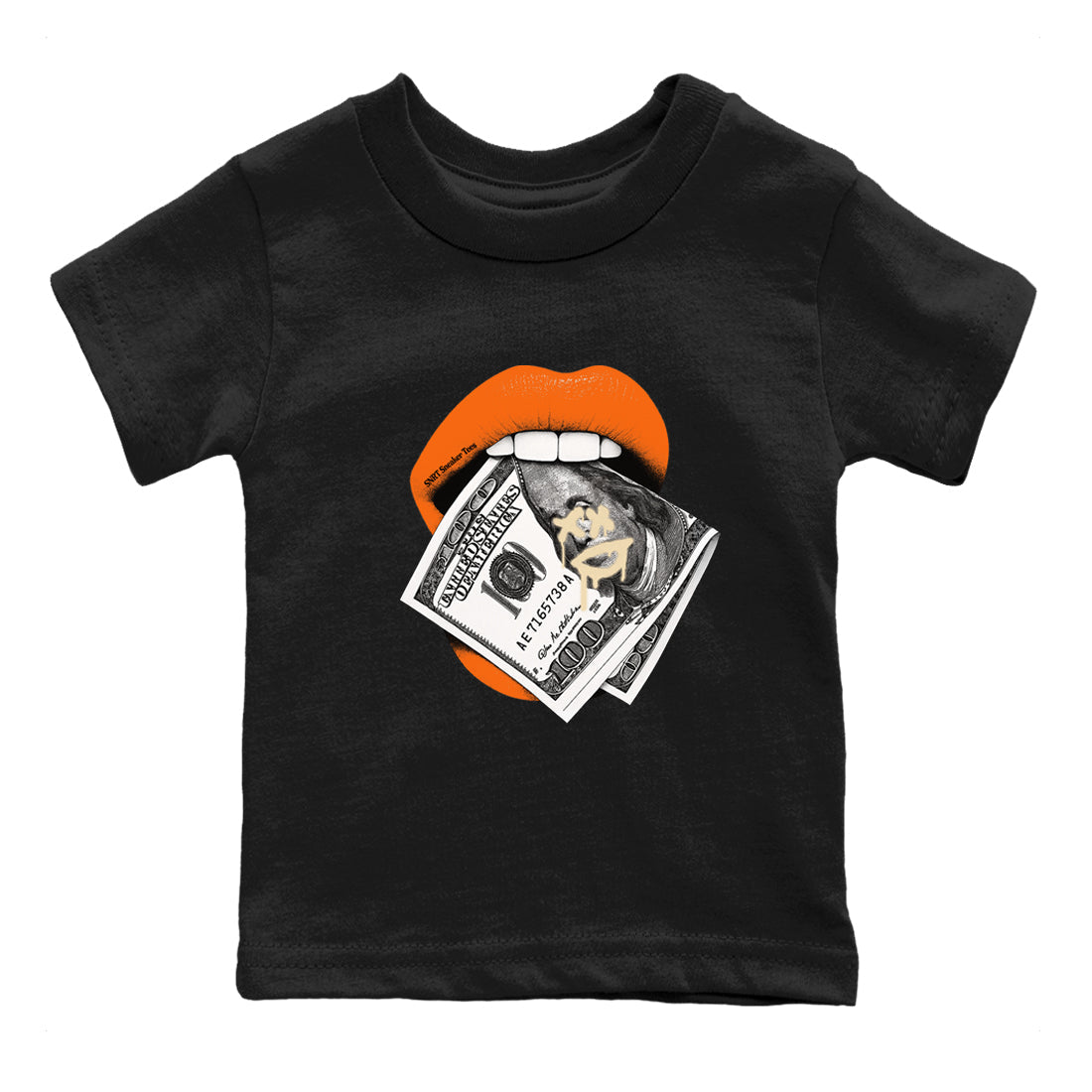 Lips Money baby and kids t-shirt crafted for little sneakerheads to shine with the Air Jordan 3 Starfish sneakers, displayed in Black 2.