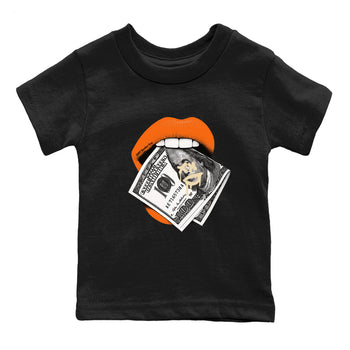 Lips Money baby and kids t-shirt crafted for little sneakerheads to shine with the Air Jordan 3 Starfish sneakers, displayed in Black 2.