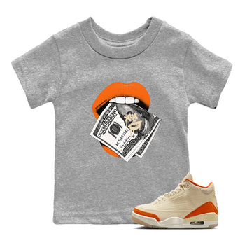 Lips Money baby and kids t-shirt crafted for little sneakerheads to shine with the Air Jordan 3 Starfish sneakers, displayed in Heather Grey 1.