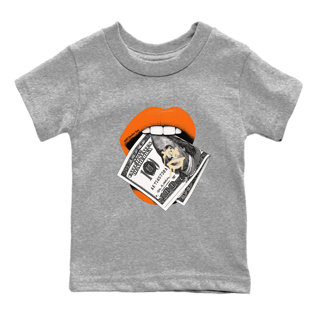 Lips Money baby and kids t-shirt crafted for little sneakerheads to shine with the Air Jordan 3 Starfish sneakers, displayed in Heather Grey 2.