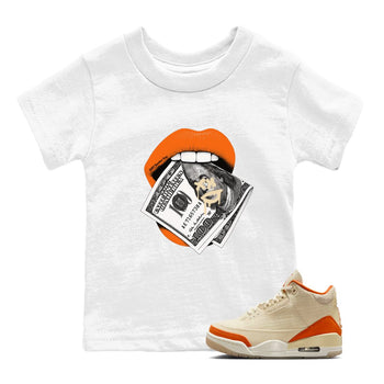 Lips Money baby and kids t-shirt crafted for little sneakerheads to shine with the Air Jordan 3 Starfish sneakers, displayed in White 1.