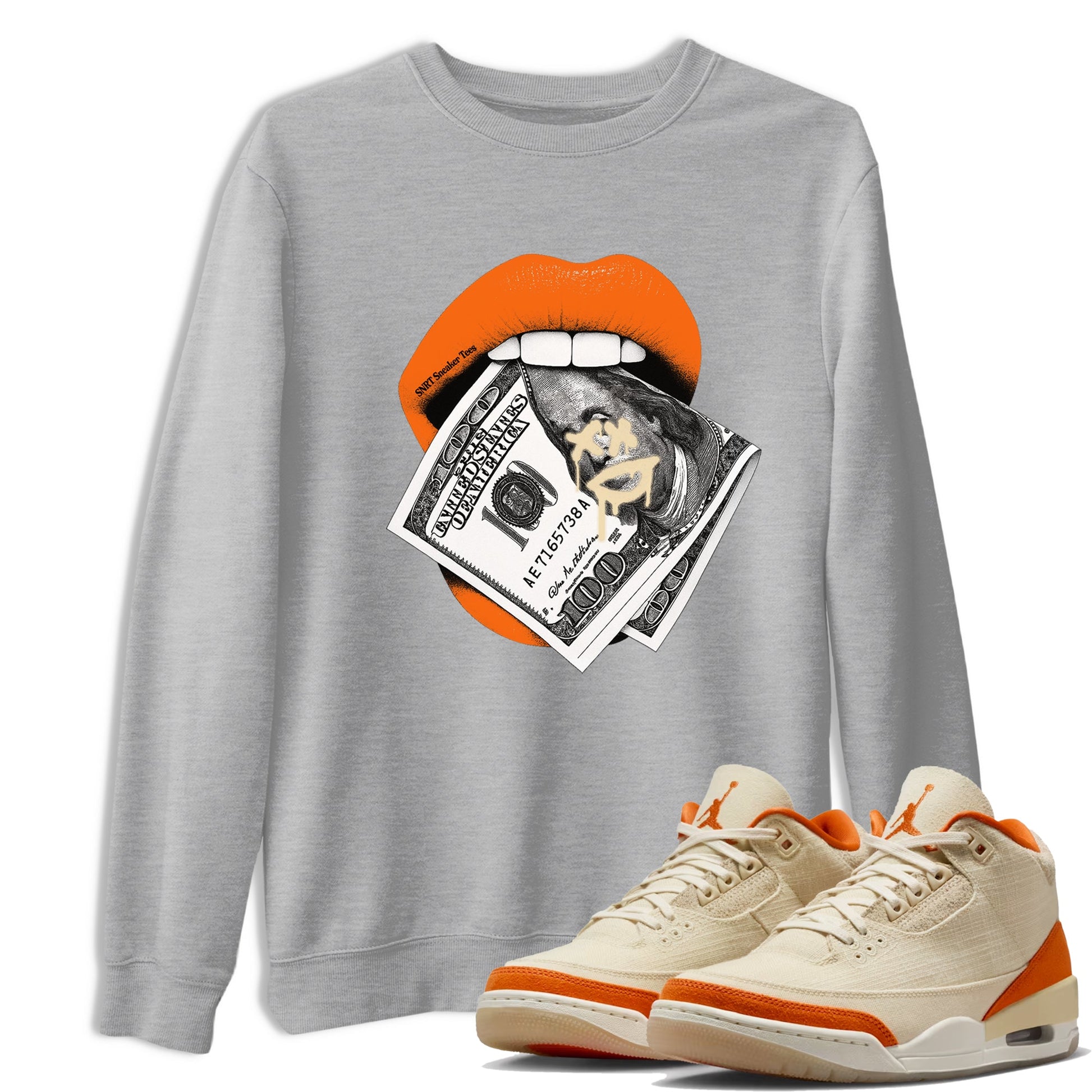 Lips Money sneaker match t-shirt styled to complete your fit with the Air Jordan 3 Starfish sneakers, shown in Heather Grey 1.