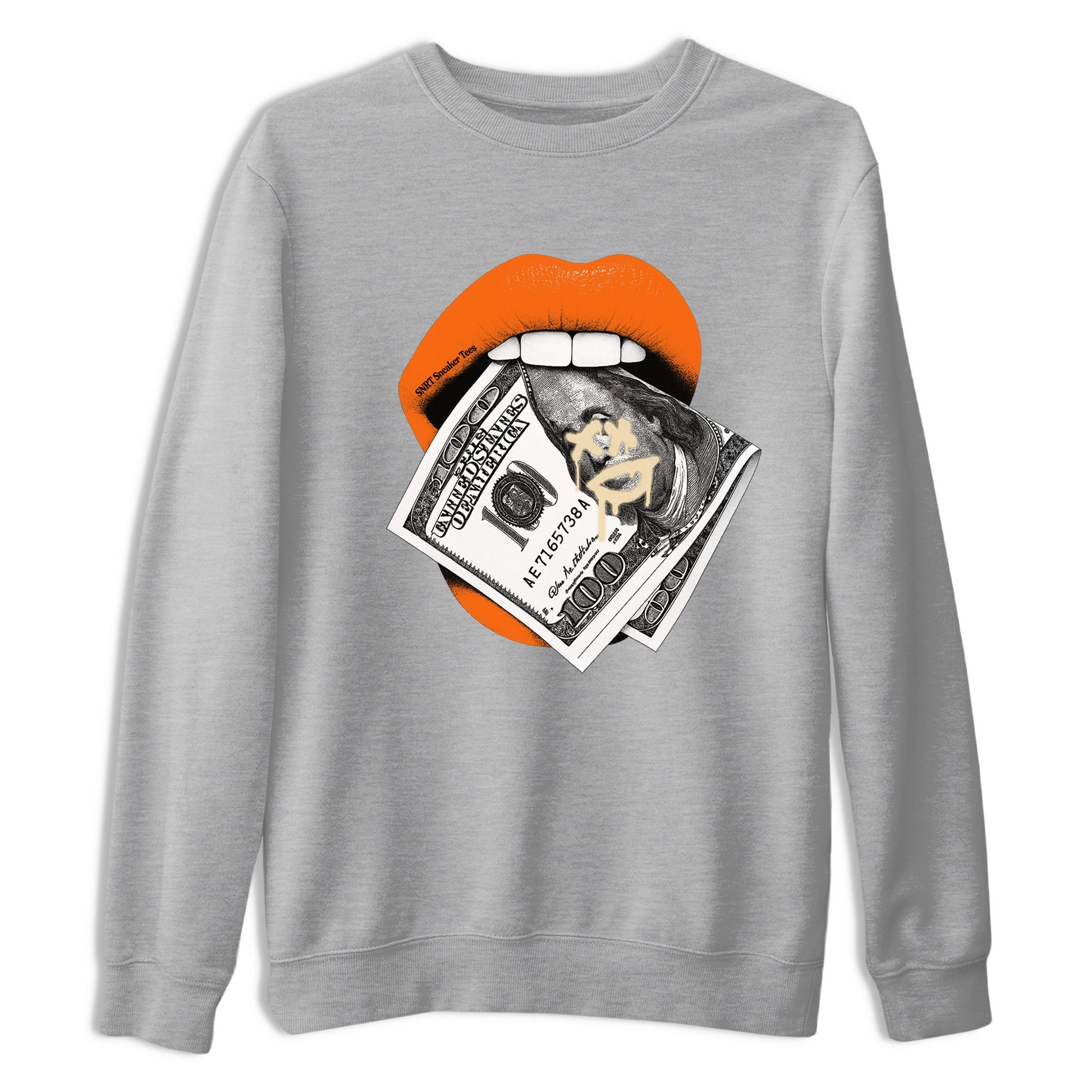 Lips Money sneaker match t-shirt styled to complete your fit with the Air Jordan 3 Starfish sneakers, shown in Heather Grey 2.