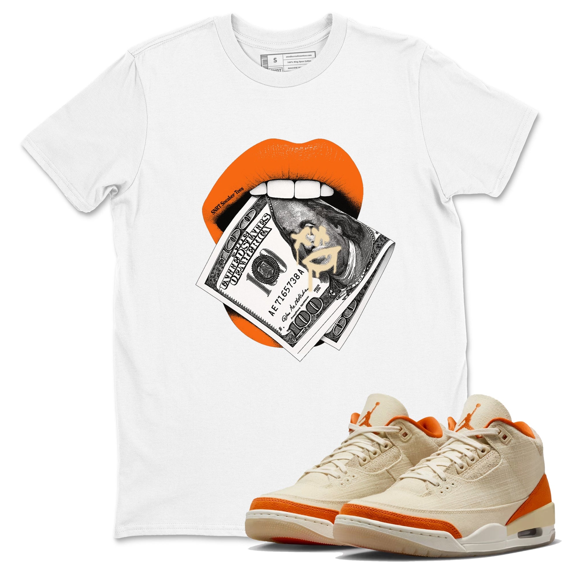 Lips Money sneaker match t-shirt styled to complete your fit with the Air Jordan 3 Starfish sneakers, shown in White 1.