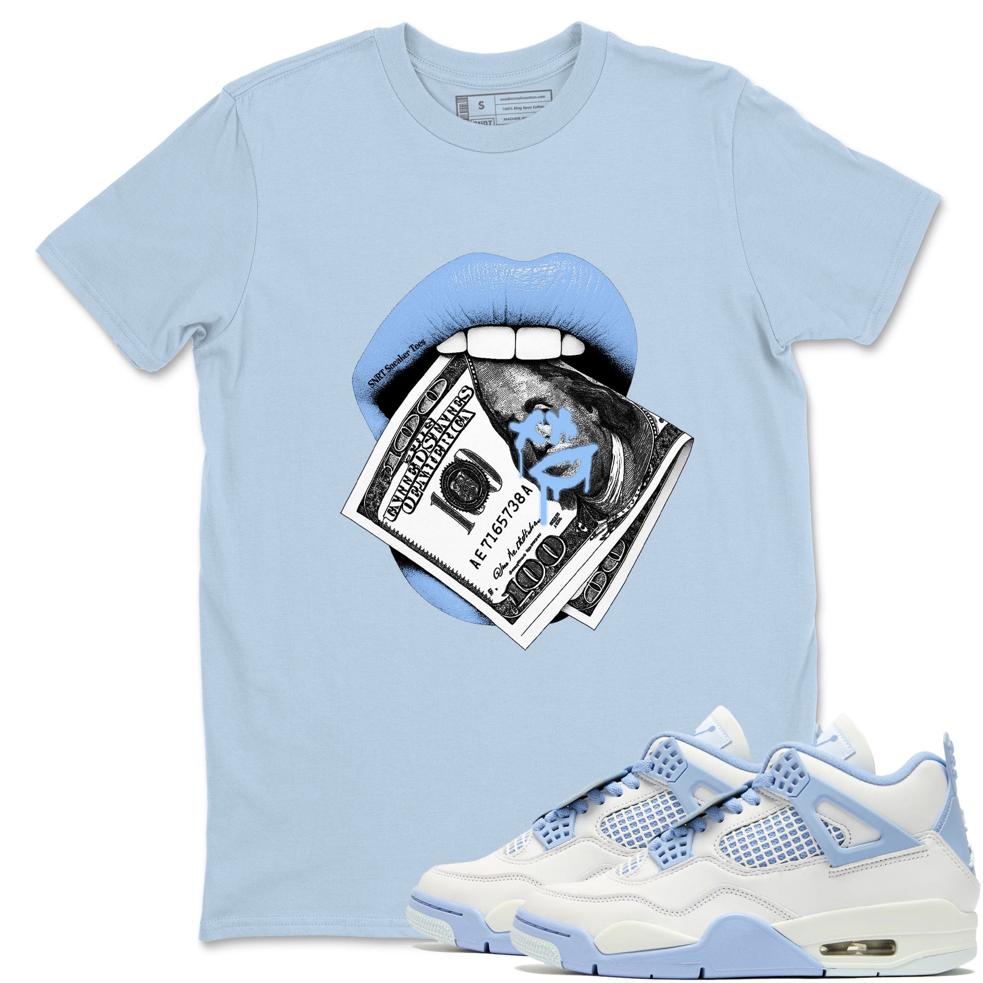 AJ4 Forget Me Not best t-shirt for sneakerheads family Lips Money sneaker match tees Air Jordan 4 Forget Me Not graphic sneaker matching shirts SNRT Sneaker Tees unisex cotton Light Blue 1 shirts