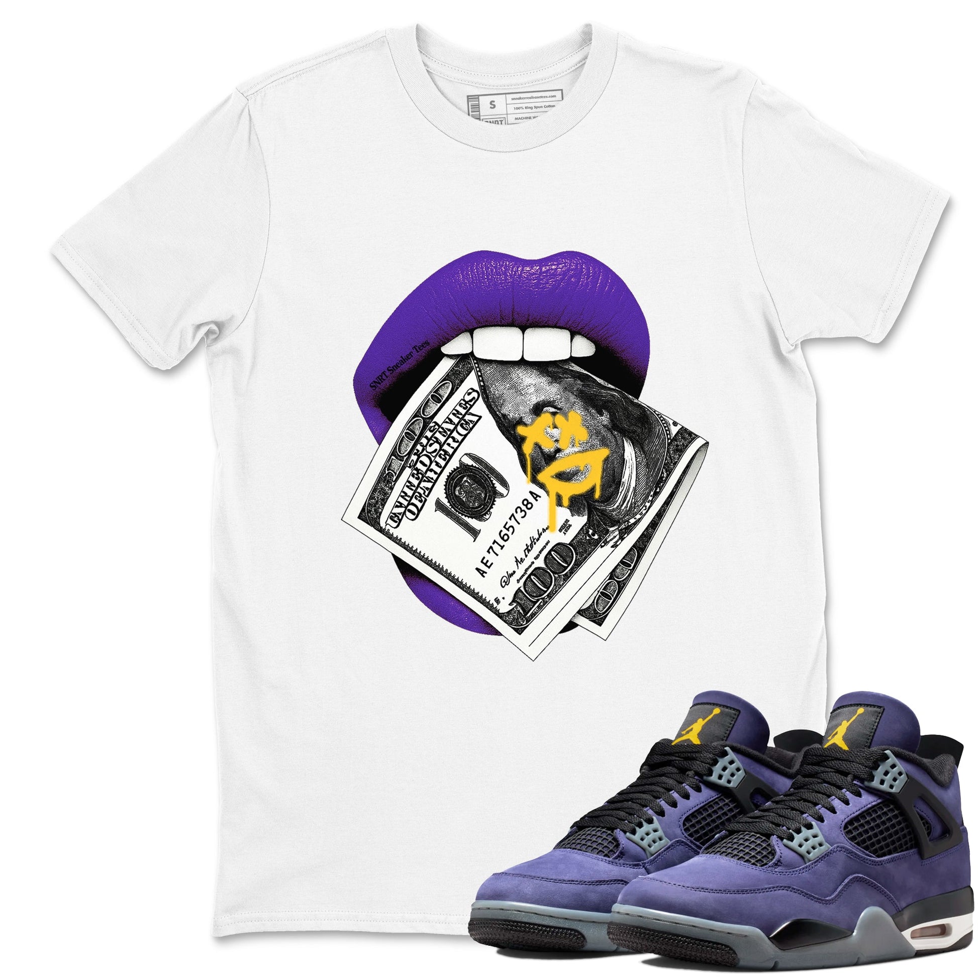 Best Sneakerfits graphic tee – Los Angeles Basketball Tees To Match Air Jordan 4 Lakeshow – Lips Money Tee White 1