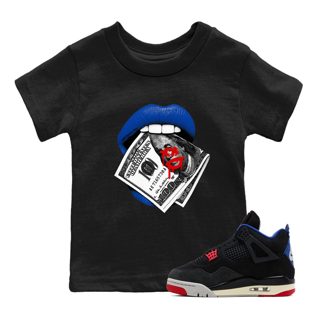 Sneaker match tees – Sneaker Tees To Match Jordan 4 Retro Rare Air Shoes – Lips Money Kids T-Shirt Black 1
