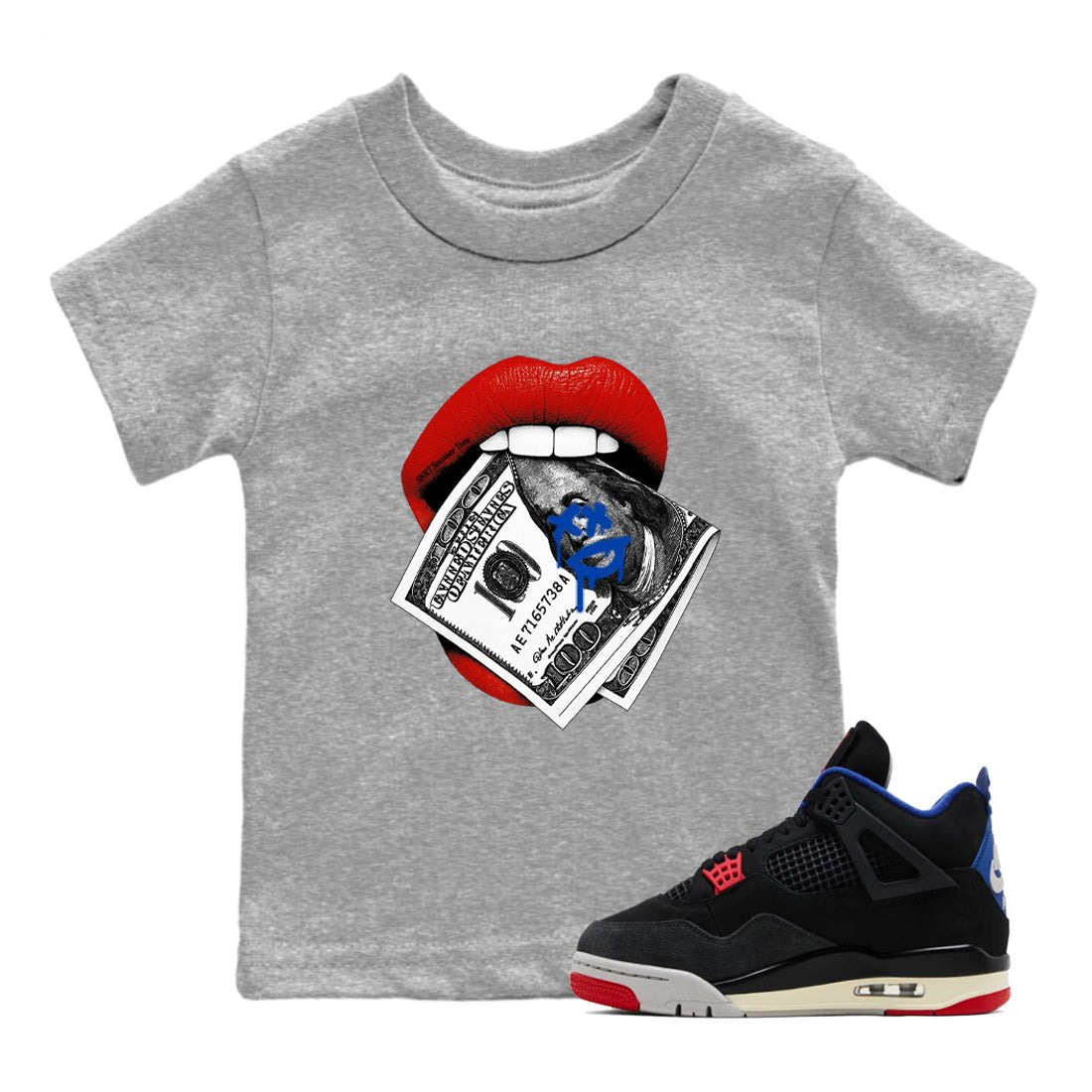 Sneaker match tees – Sneaker Tees To Match Jordan 4 Retro Rare Air Shoes – Lips Money Kids T-Shirt Heather Grey 1