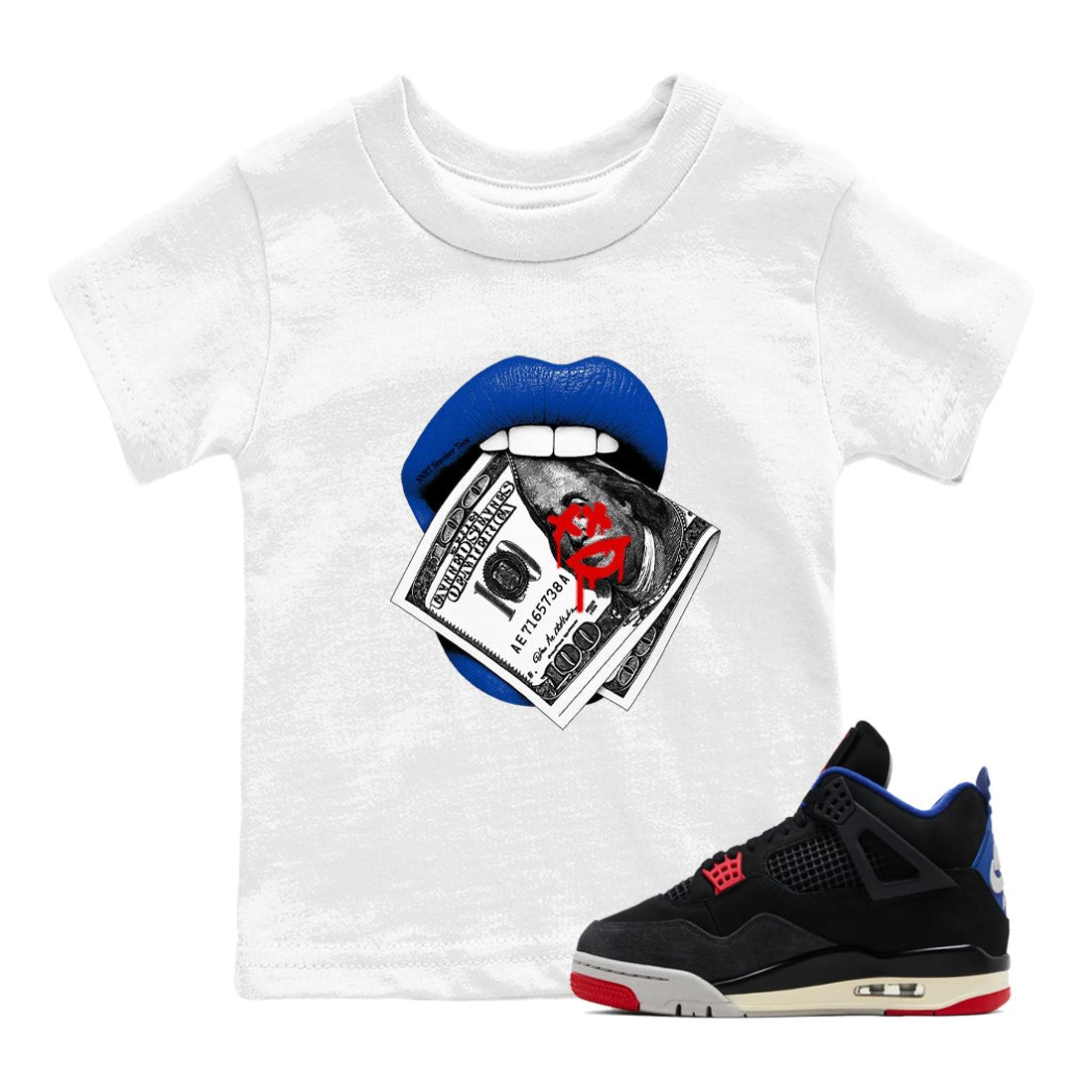 Sneaker match tees – Sneaker Tees To Match Jordan 4 Retro Rare Air Shoes – Lips Money Kids T-Shirt White 1