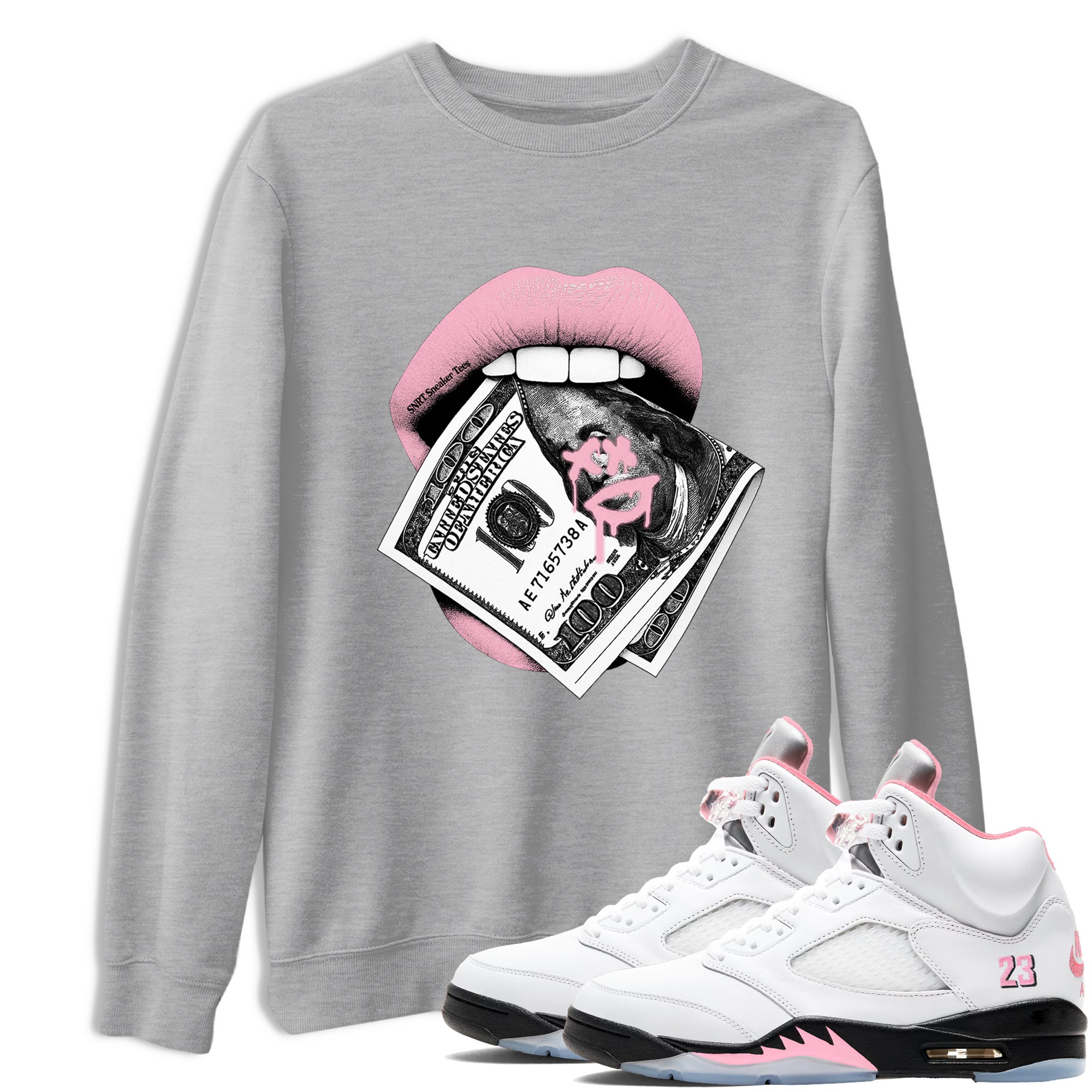 Sneaker Threads – Sneaker Threads To Match Air Jordan 5 35th Anniversary Shoes – Lips Money Tee Heather Grey 1