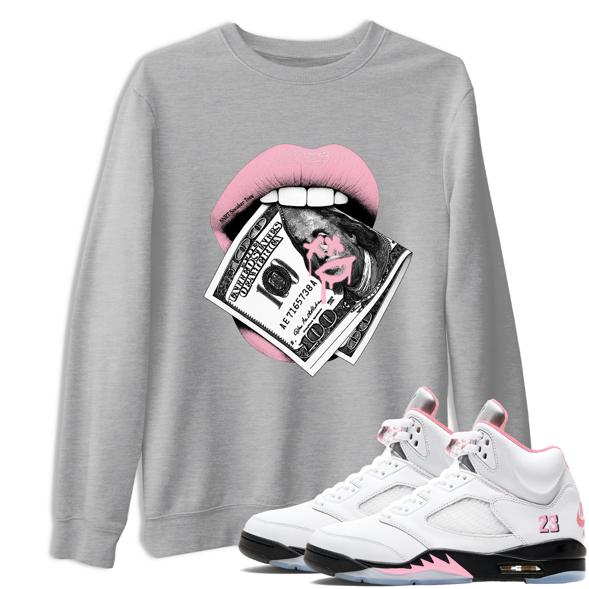 Sneaker Threads – Sneaker Threads To Match Air Jordan 5 35th Anniversary Shoes – Lips Money Tee Heather Grey 1