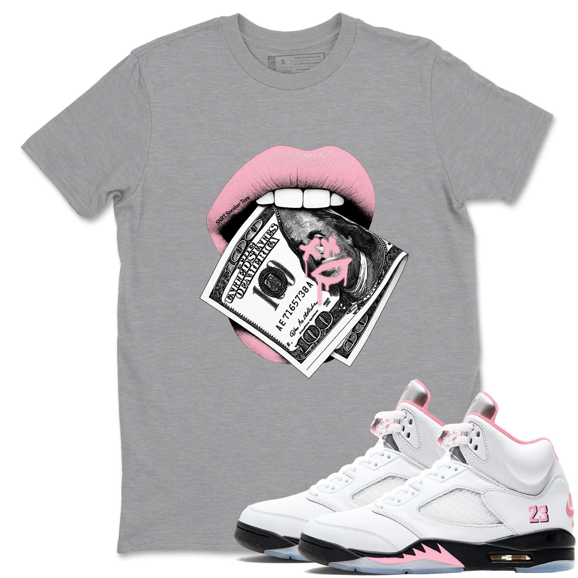 Sneaker Threads – Sneaker Threads To Match Air Jordan 5 35th Anniversary Shoes – Lips Money Tee Heather Grey 1