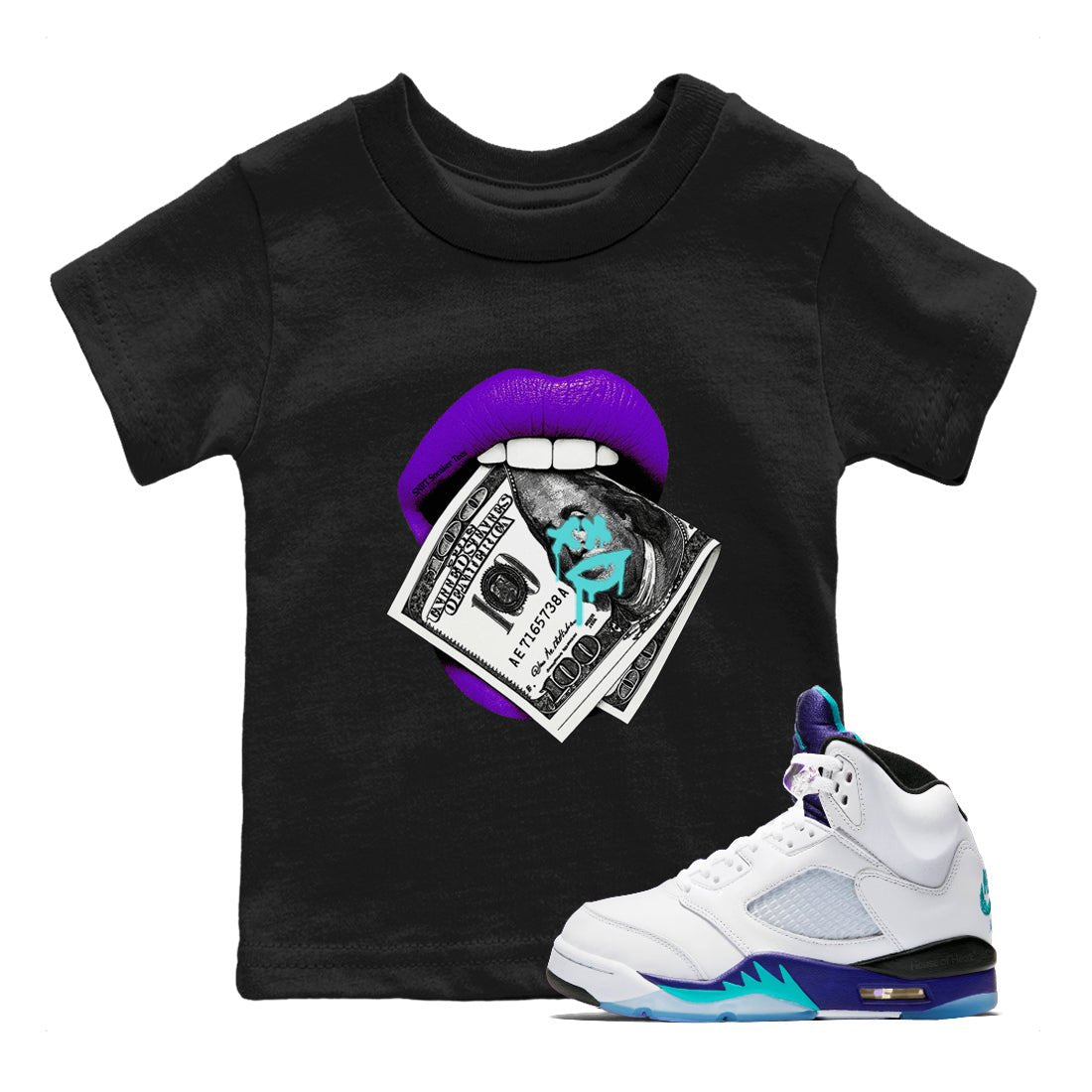 5s Grape shirts to match jordans Lips Money sneaker match tees AJ5 Retro Grape match shoes to clothes SNRT Sneaker Tees Youth Baby Black 1 tee
