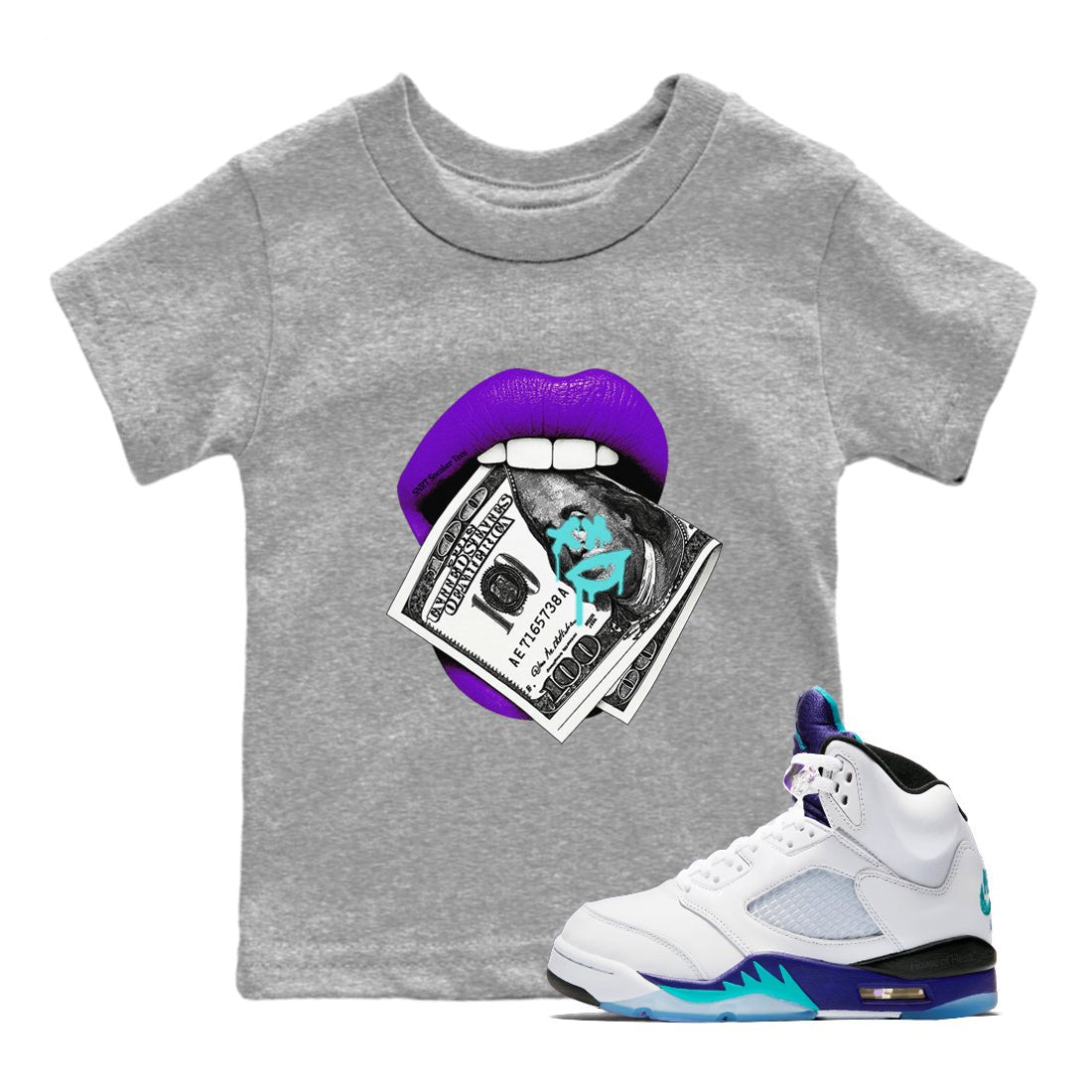 5s Grape shirts to match jordans Lips Money sneaker match tees AJ5 Retro Grape match shoes to clothes SNRT Sneaker Tees Youth Baby Heather Grey 1 tee