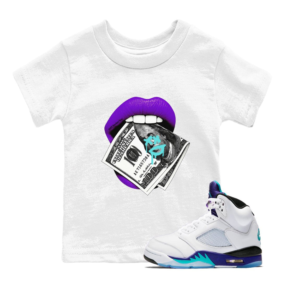 5s Grape shirts to match jordans Lips Money sneaker match tees AJ5 Retro Grape match shoes to clothes SNRT Sneaker Tees Youth Baby White 1 tee