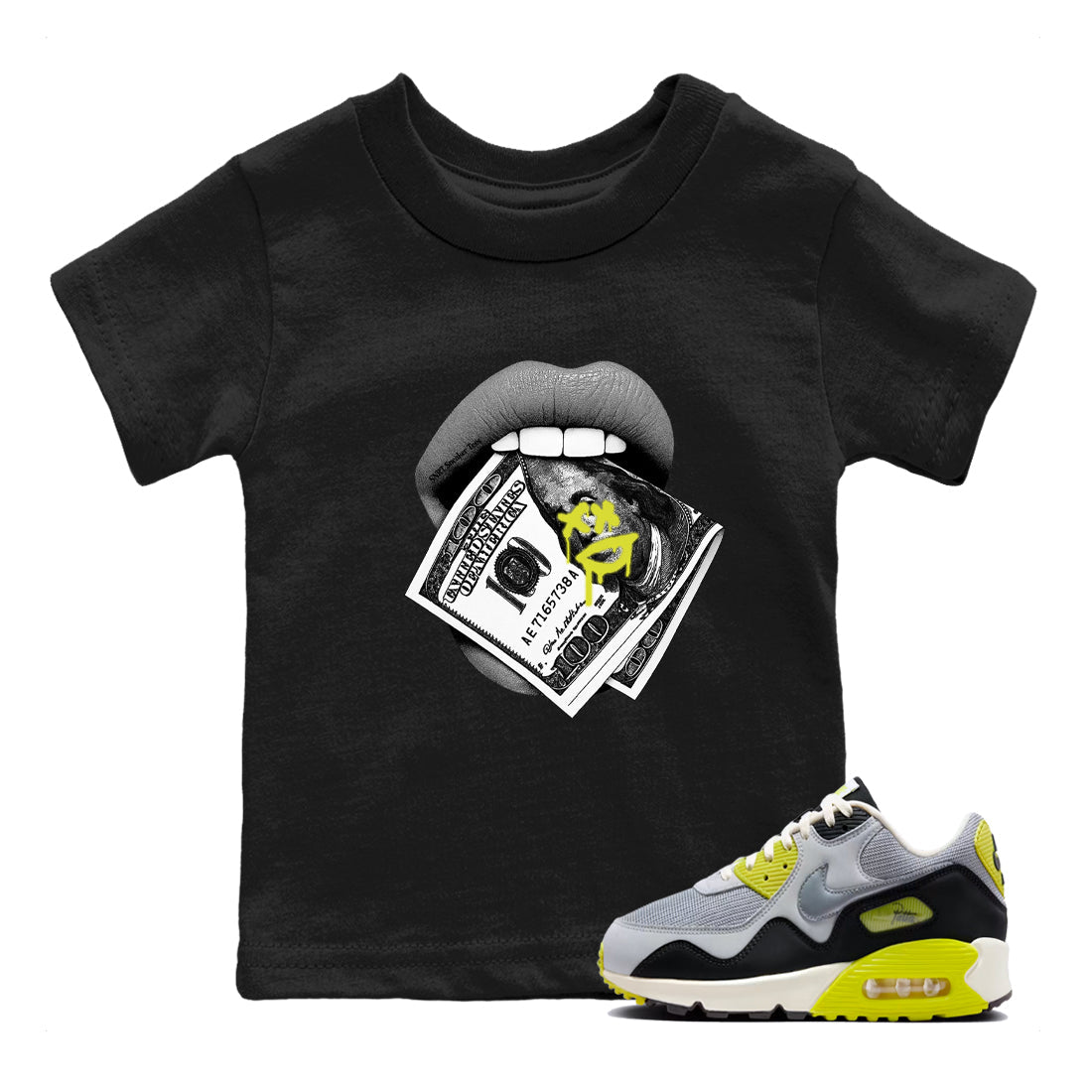 Lips Money baby and kids t-shirt crafted for little sneakerheads to shine with the Air Max 90 Cyber sneakers, displayed in Black 1.
