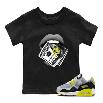 Lips Money baby and kids t-shirt crafted for little sneakerheads to shine with the Air Max 90 Cyber sneakers, displayed in Black 1.