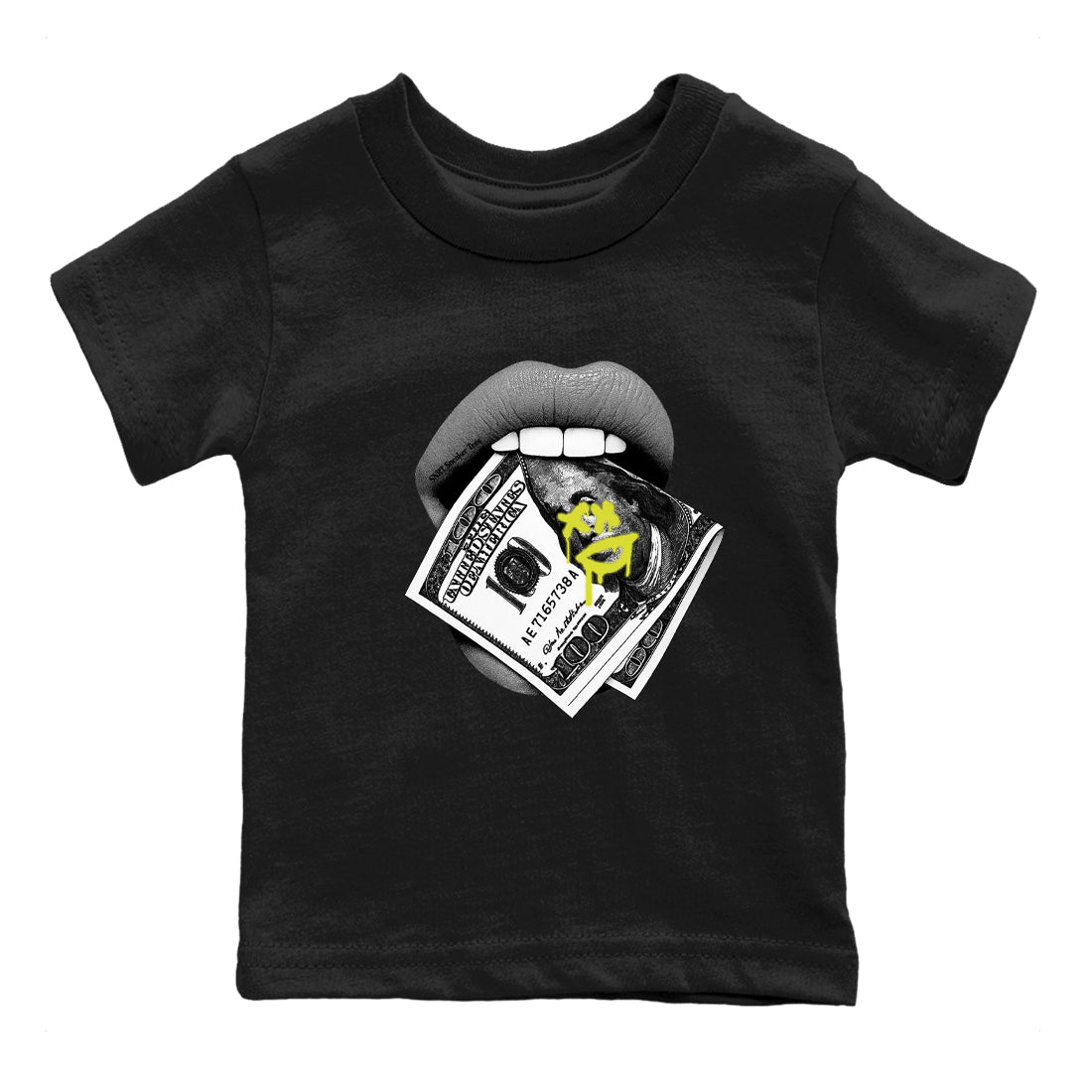 Lips Money baby and kids t-shirt crafted for little sneakerheads to shine with the Air Max 90 Cyber sneakers, displayed in Black 2.