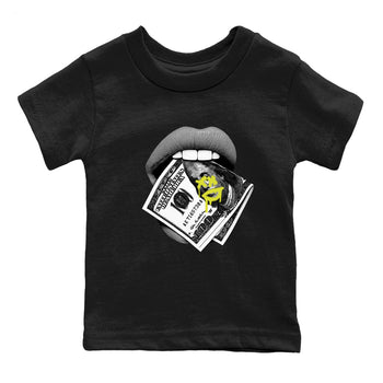 Lips Money baby and kids t-shirt crafted for little sneakerheads to shine with the Air Max 90 Cyber sneakers, displayed in Black 2.