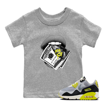 Lips Money baby and kids t-shirt crafted for little sneakerheads to shine with the Air Max 90 Cyber sneakers, displayed in Heather Grey 1.