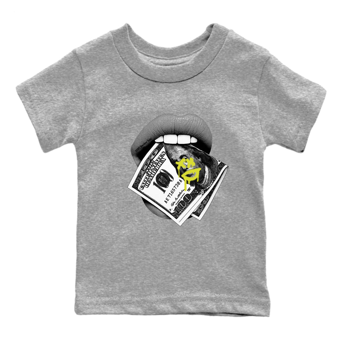 Lips Money baby and kids t-shirt crafted for little sneakerheads to shine with the Air Max 90 Cyber sneakers, displayed in Heather Grey 2.
