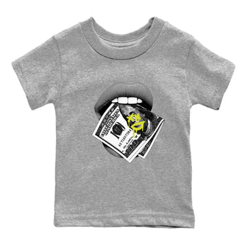 Lips Money baby and kids t-shirt crafted for little sneakerheads to shine with the Air Max 90 Cyber sneakers, displayed in Heather Grey 2.