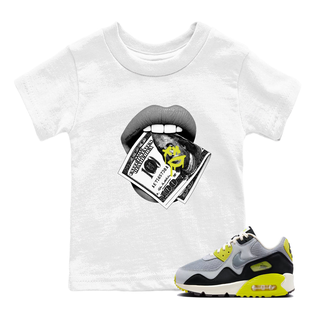 Lips Money baby and kids t-shirt crafted for little sneakerheads to shine with the Air Max 90 Cyber sneakers, displayed in White 1.