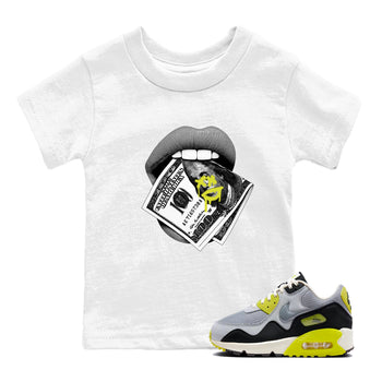 Lips Money baby and kids t-shirt crafted for little sneakerheads to shine with the Air Max 90 Cyber sneakers, displayed in White 1.