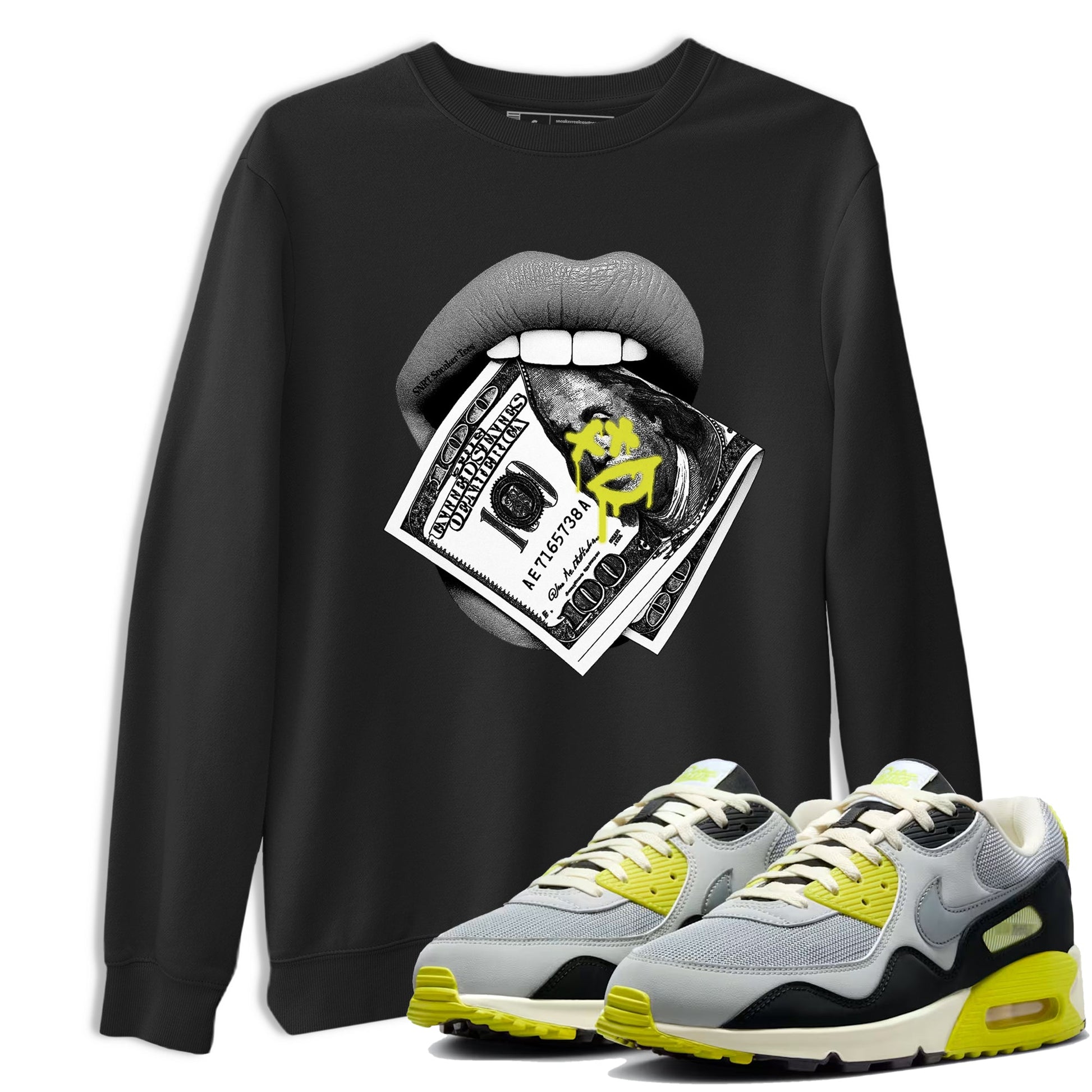 Lips Money sneaker match t-shirt styled to complete your fit with the Air Max 90 Cyber sneakers, shown in Black 1.