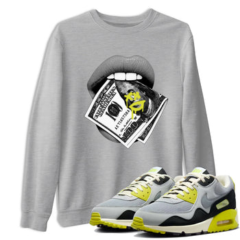 Lips Money sneaker match t-shirt styled to complete your fit with the Air Max 90 Cyber sneakers, shown in Heather Grey 1.