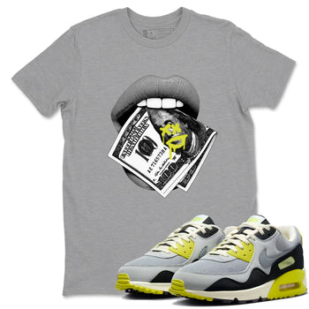 Lips Money sneaker match t-shirt styled to complete your fit with the Air Max 90 Cyber sneakers, shown in Heather Grey 1.
