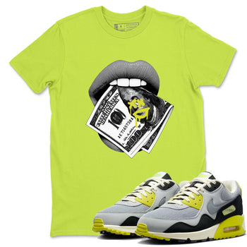 Lips Money sneaker match t-shirt styled to complete your fit with the Air Max 90 Cyber sneakers, shown in Safety Green 1.