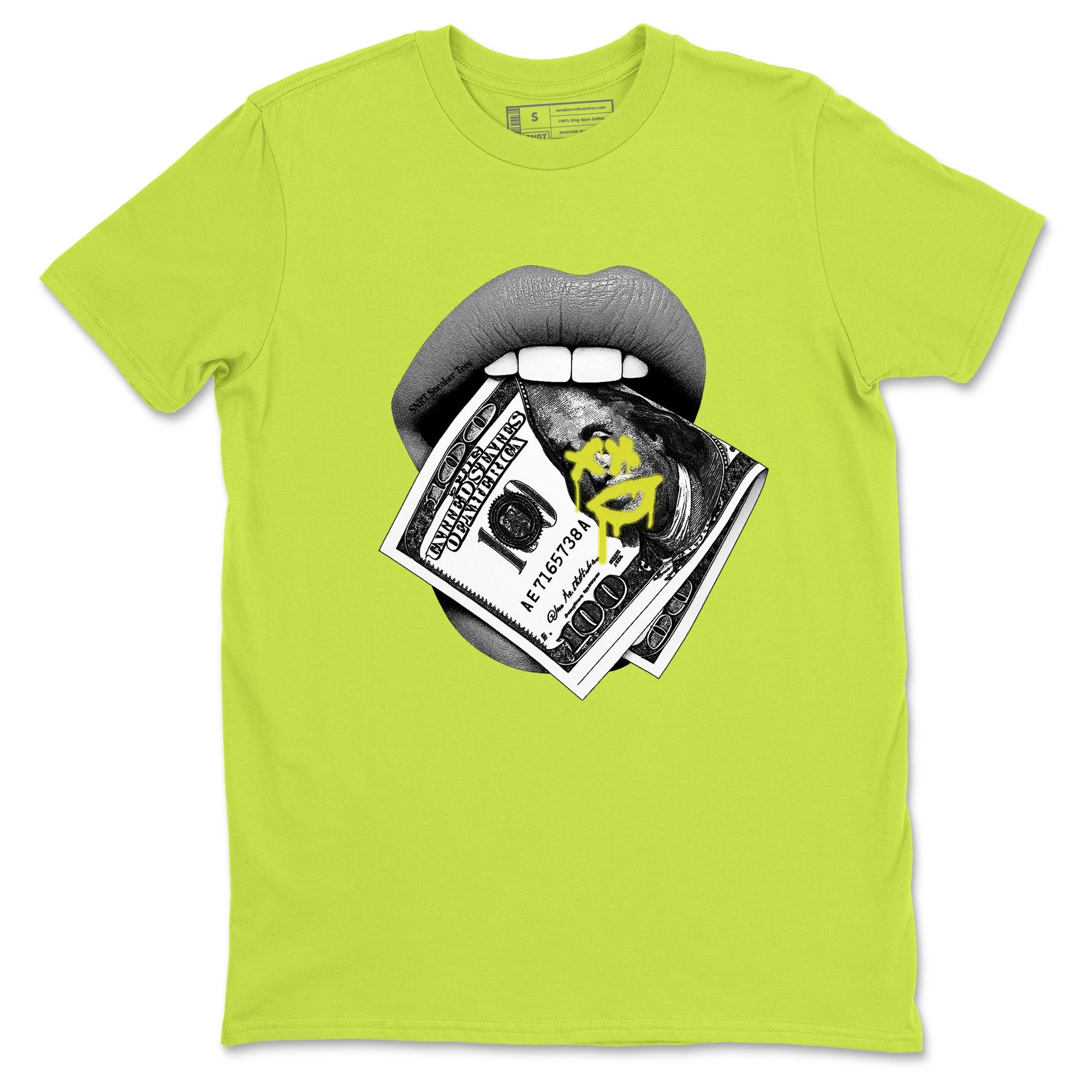 Lips Money sneaker match t-shirt styled to complete your fit with the Air Max 90 Cyber sneakers, shown in Safety Green 2.