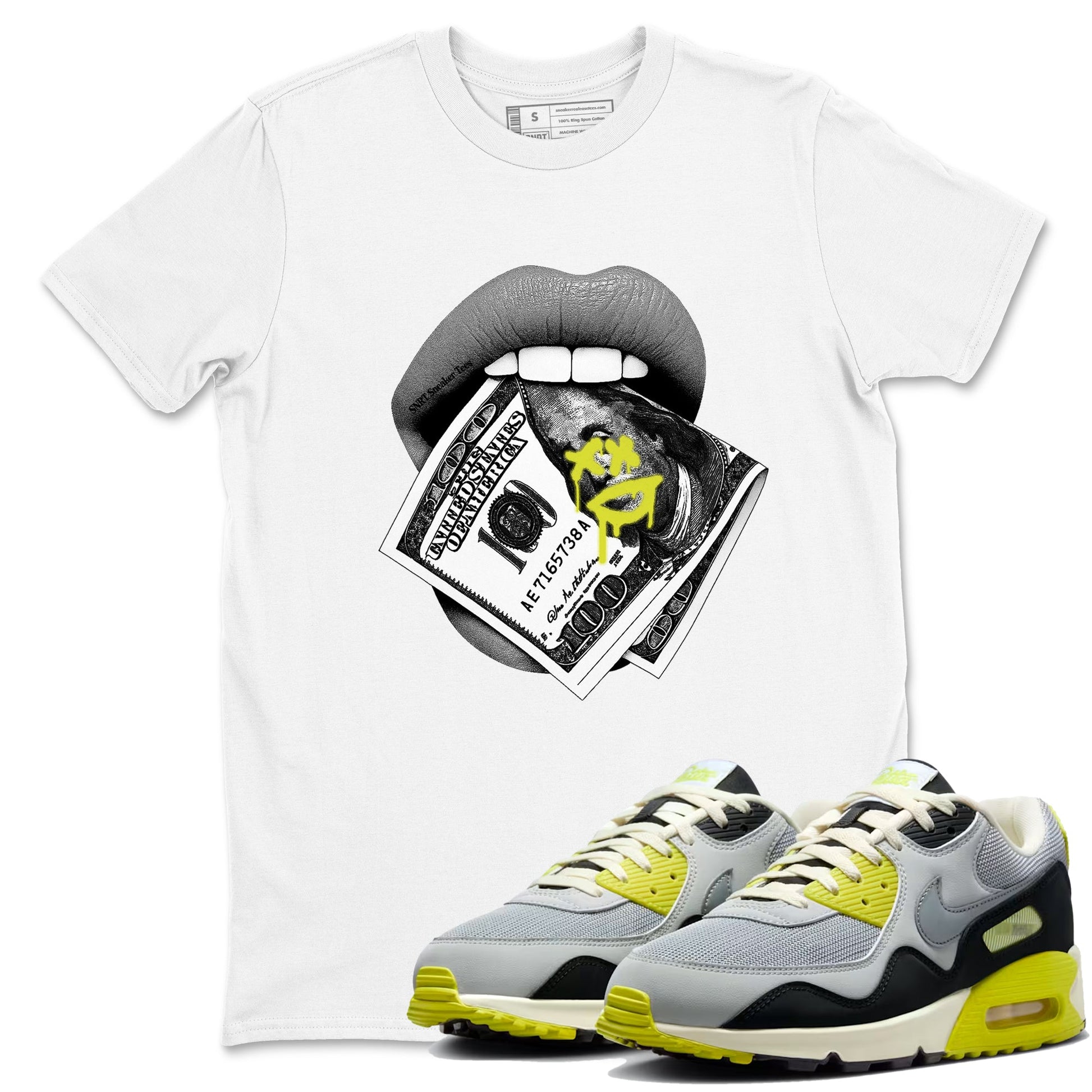 Lips Money sneaker match t-shirt styled to complete your fit with the Air Max 90 Cyber sneakers, shown in White 1.