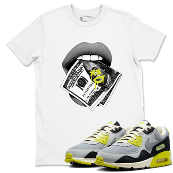 Lips Money sneaker match t-shirt styled to complete your fit with the Air Max 90 Cyber sneakers, shown in White 1.
