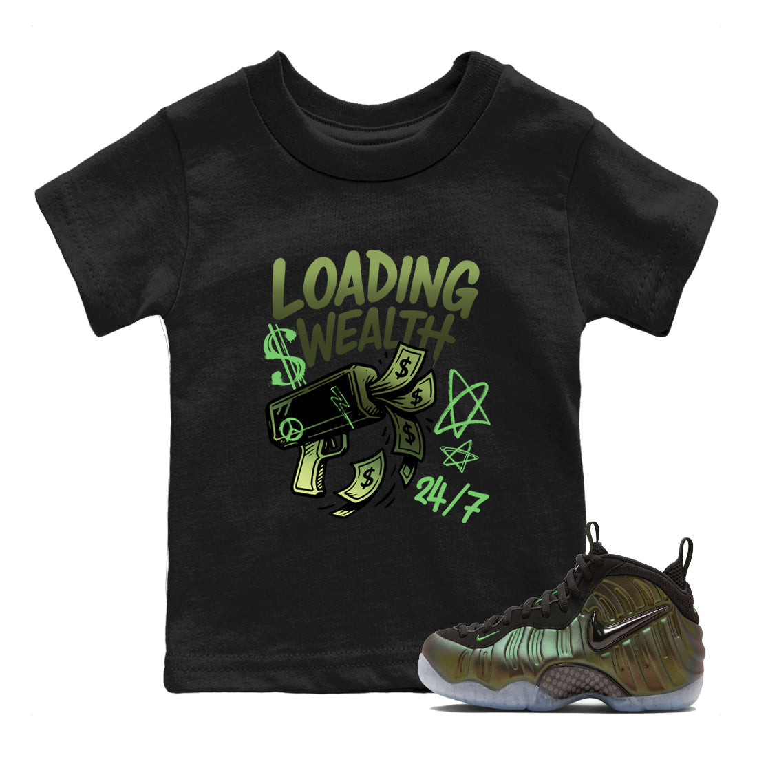 Best Christmas gifts for sneakerheads - Sneaker Tees To Match Air Foamposite One Pine Green Sneakers – Loading Wealth Kids T-Shirt Black 1