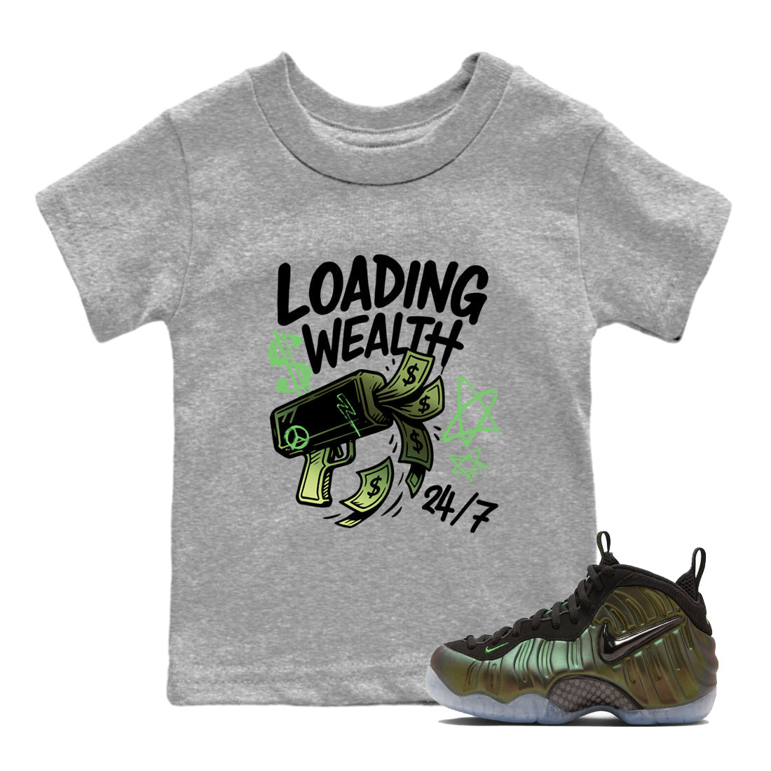 Best Christmas gifts for sneakerheads - Sneaker Tees To Match Air Foamposite One Pine Green Sneakers – Loading Wealth Kids T-Shirt Heather Grey 1