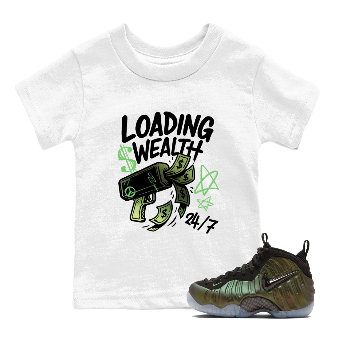 Best Christmas gifts for sneakerheads - Sneaker Tees To Match Air Foamposite One Pine Green Sneakers – Loading Wealth Kids T-Shirt White 1